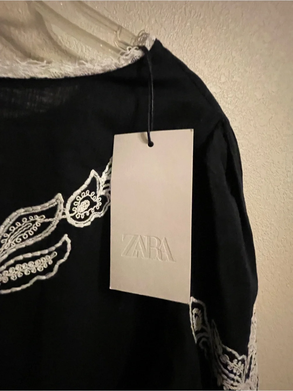 ZARA Black Blouse with White Embroidered Floral Trim